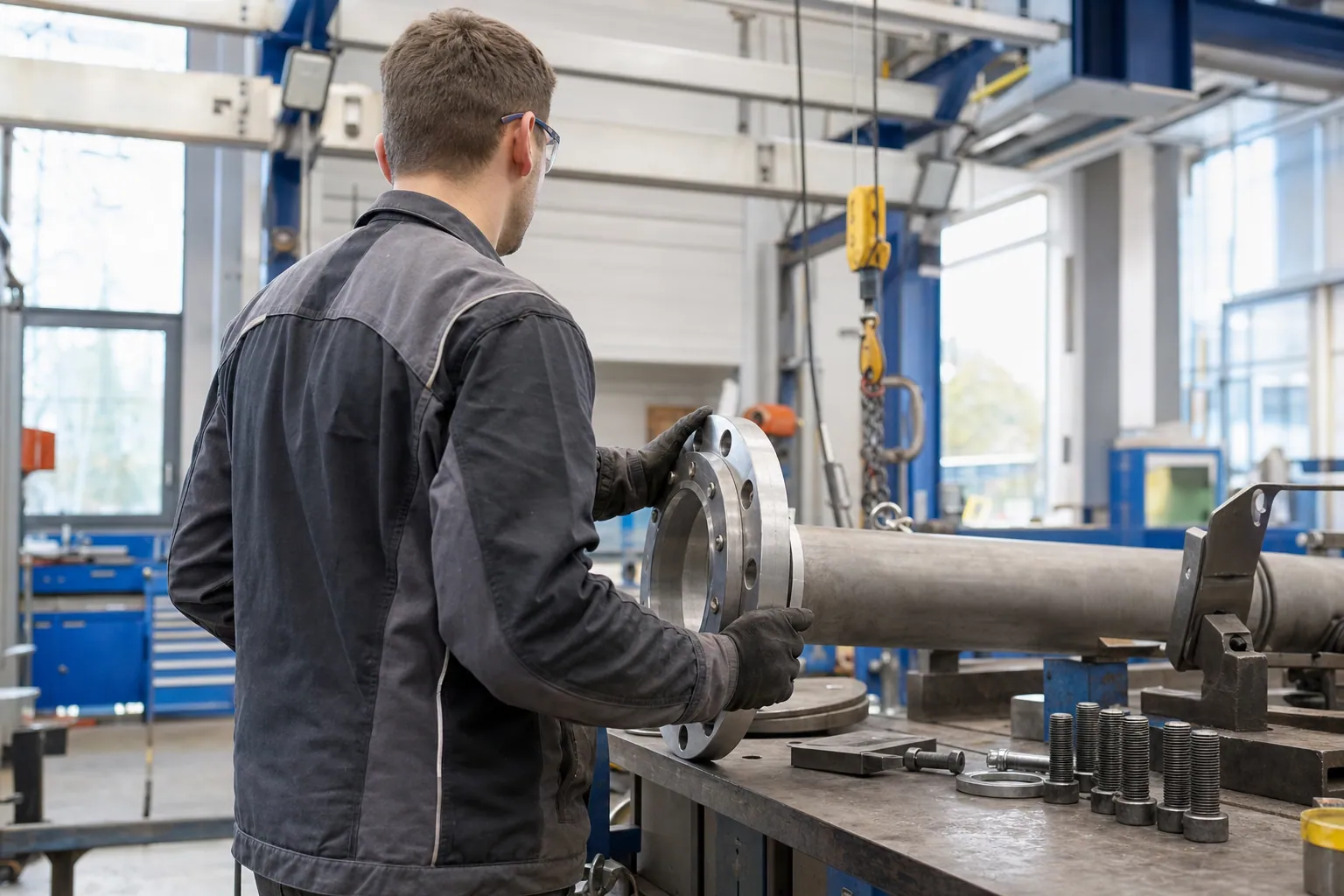Anlagenmechaniker richtet einen Rohrflansch aus
