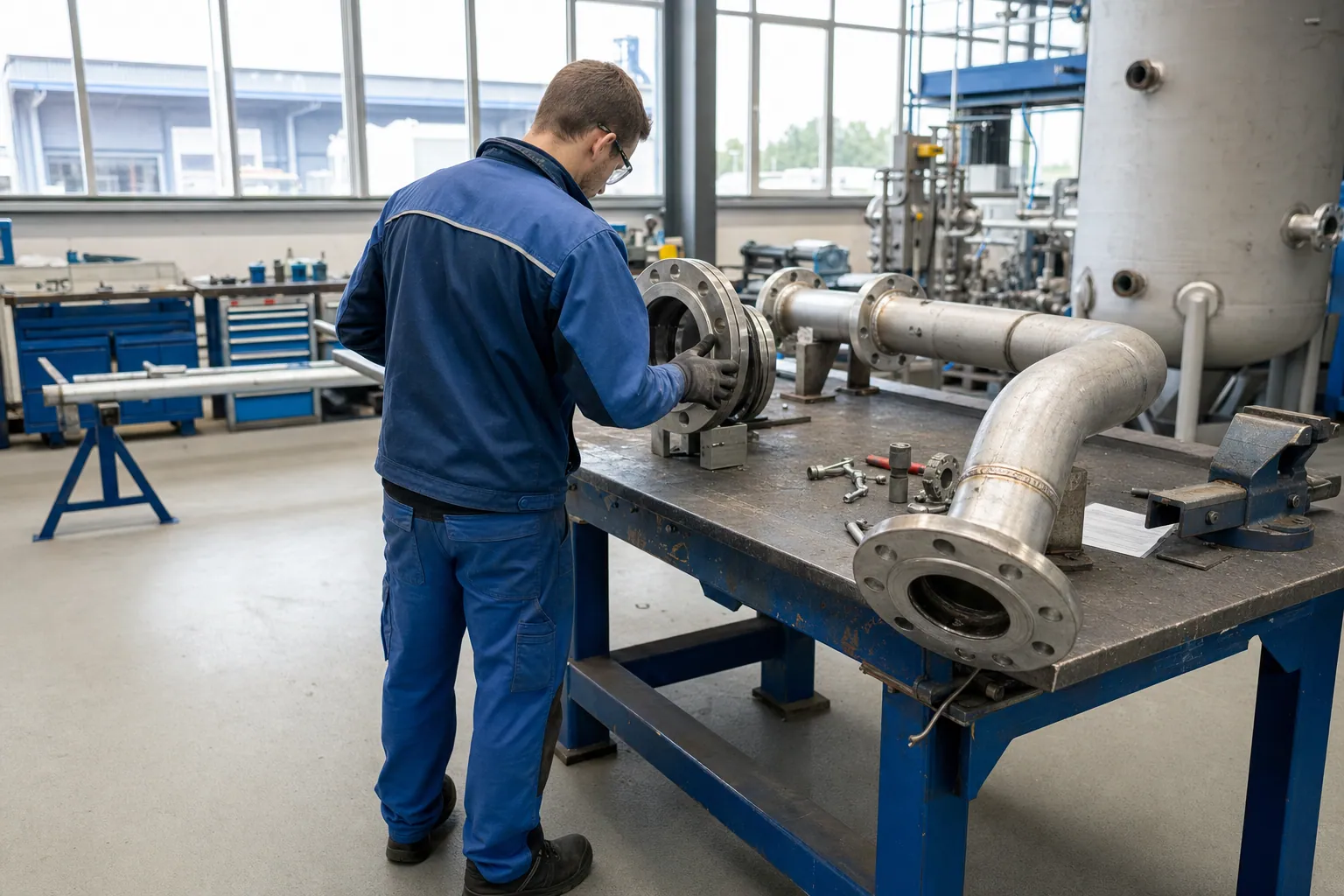 Anlagenmechaniker an einem industriellen Rohrleitungs-Arbeitsplatz in einer deutschen Fertigungshalle