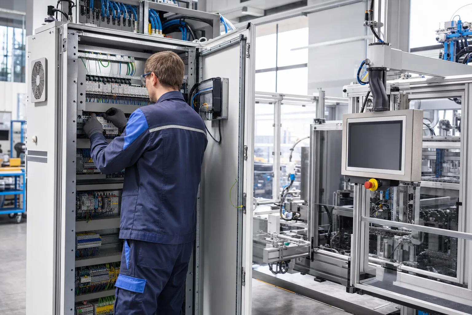 Automatisierungstechniker bei der Inbetriebnahme an Schaltschrank und Anlagenzelle in einer Industriehalle