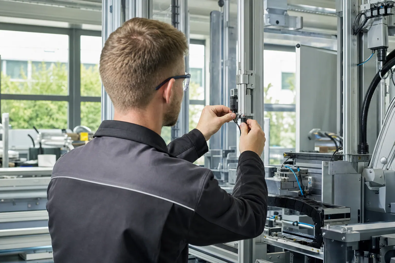 Automatisierungstechniker justiert Sensorik an einer Fertigungszelle