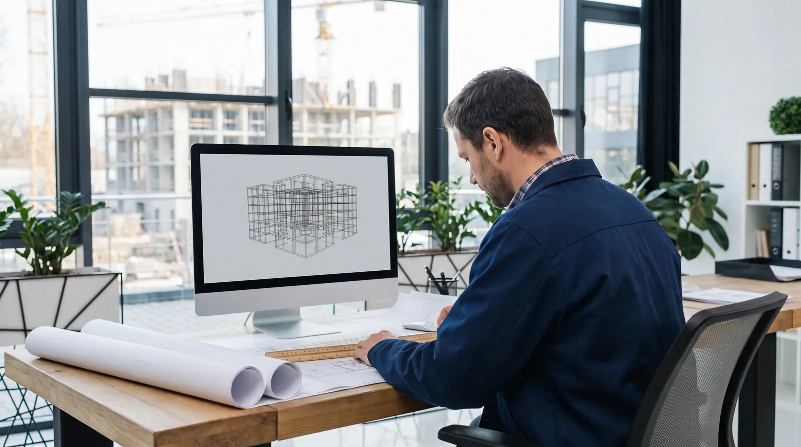 Bauingenieur am Planungsarbeitsplatz mit Tragwerksplänen und digitalem Gebäudemodell