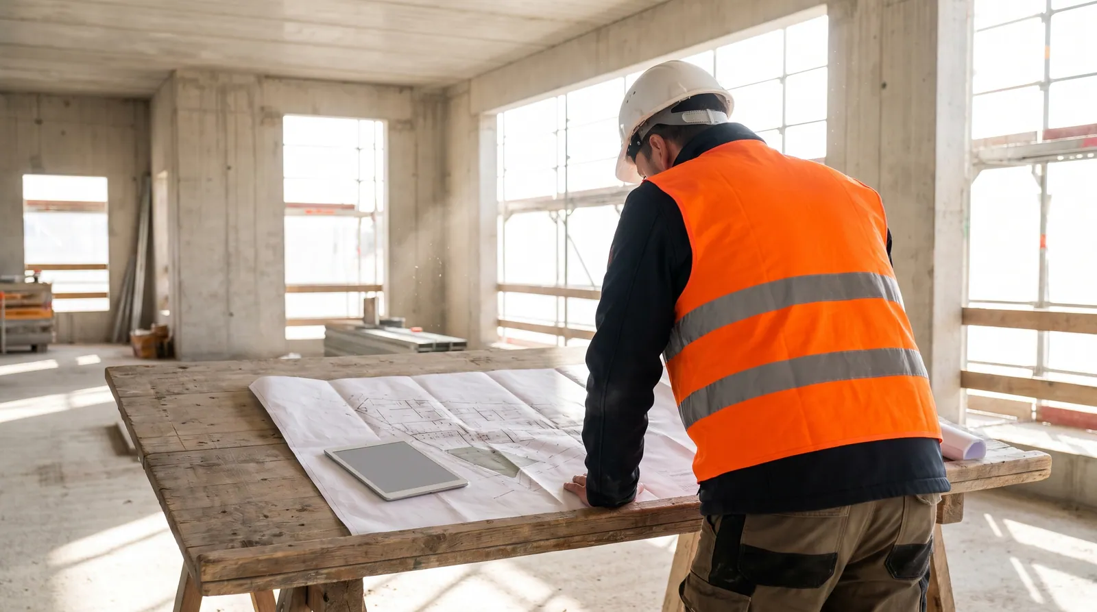 Bauleiter bei der Abstimmung von Ausführungsplänen und Aufmaßen auf der Baustelle
