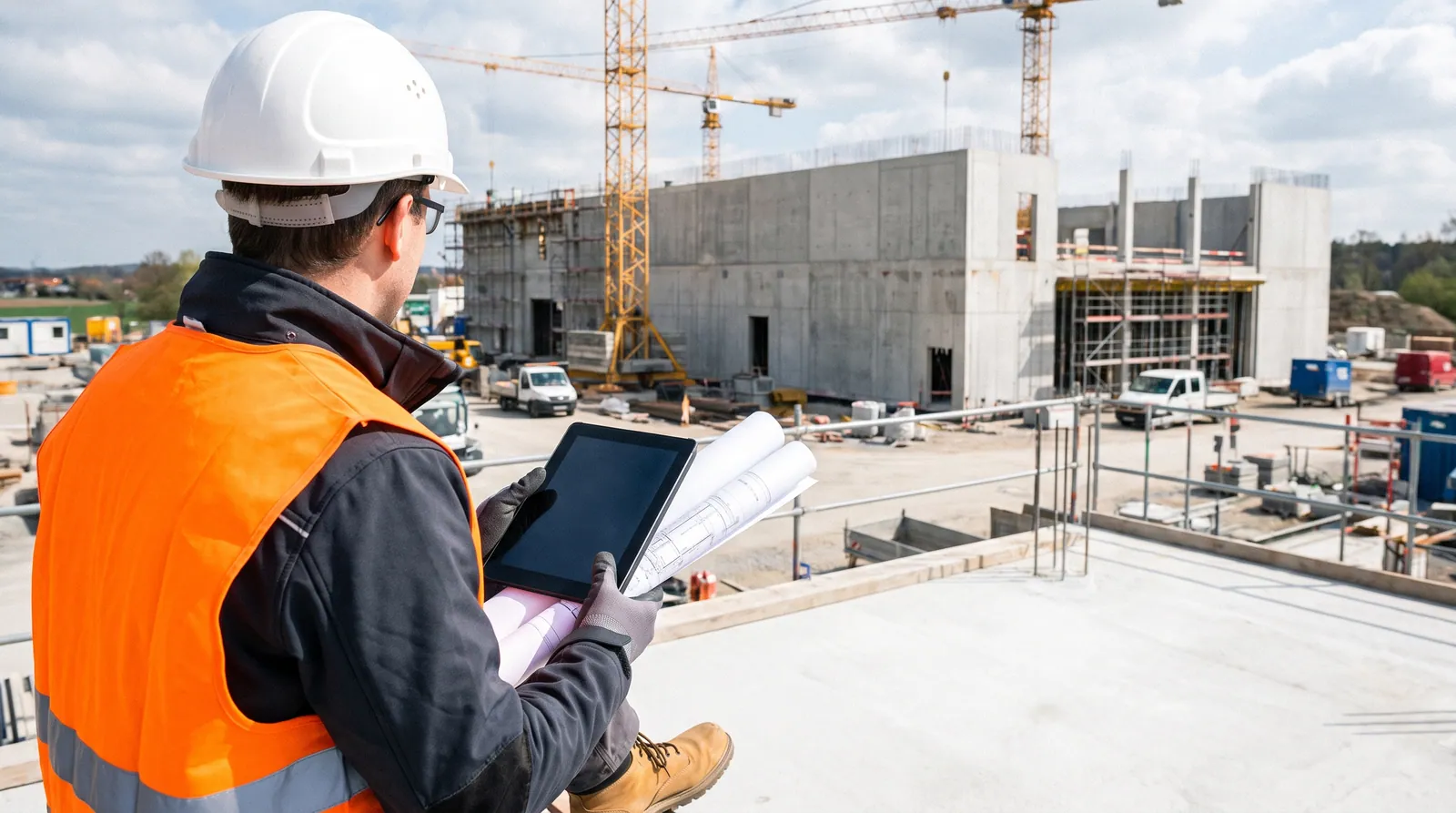 Bauleiter mit Schutzhelm und Tablet bei der Termin- und Qualitätskontrolle auf einer Großbaustelle