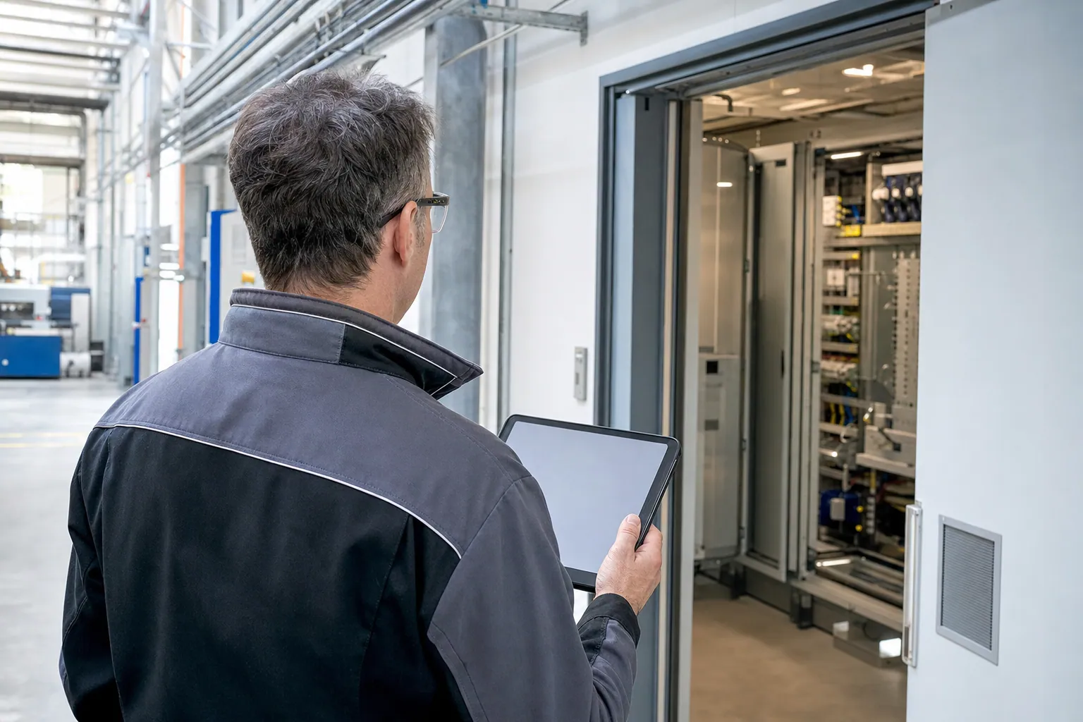 Elektromeister prüft einen Schaltplan in der Fertigung