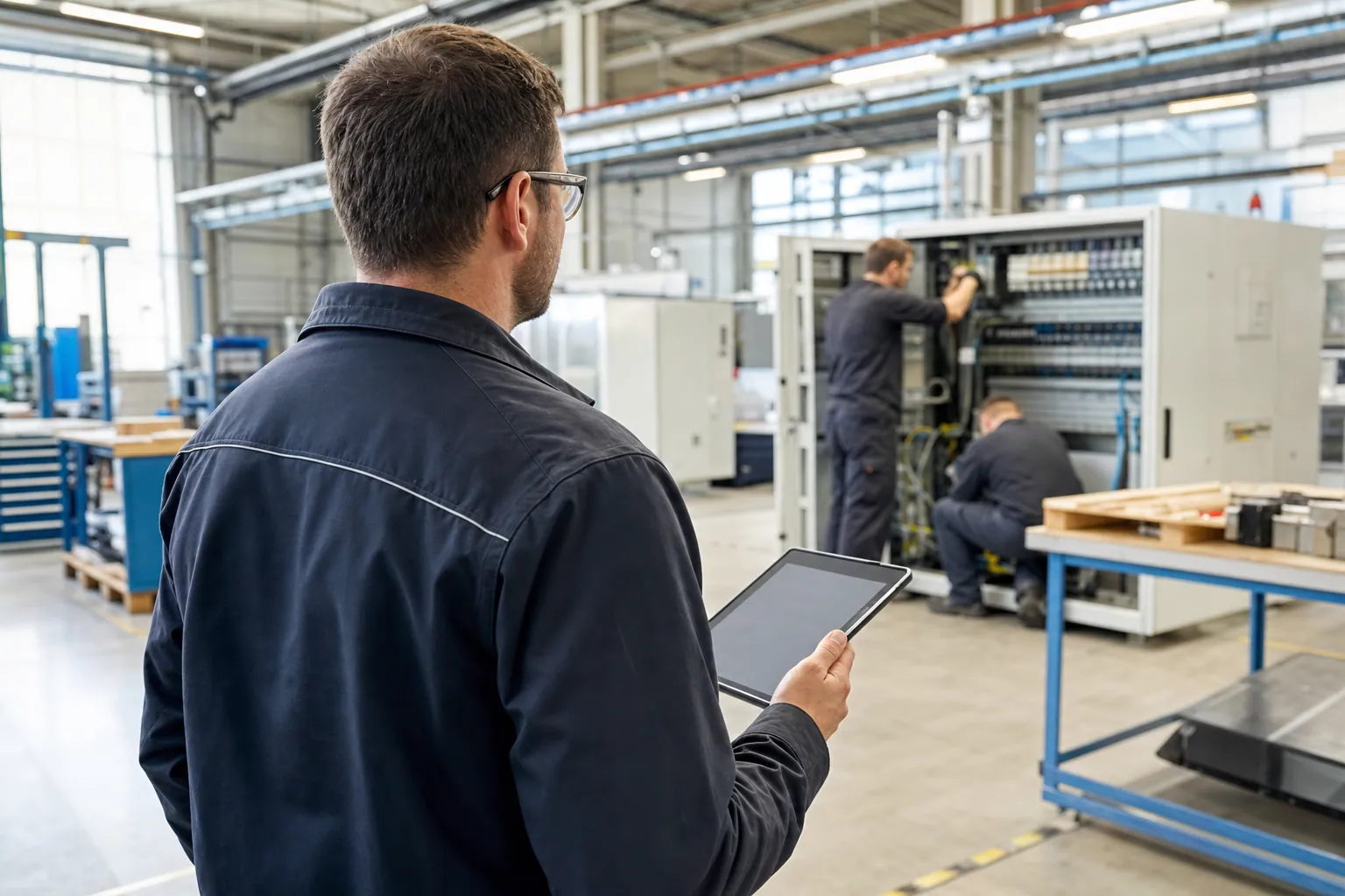 Elektromeister von hinten mit Tablet bei der Teamkoordination an einer elektrischen Anlagenstation