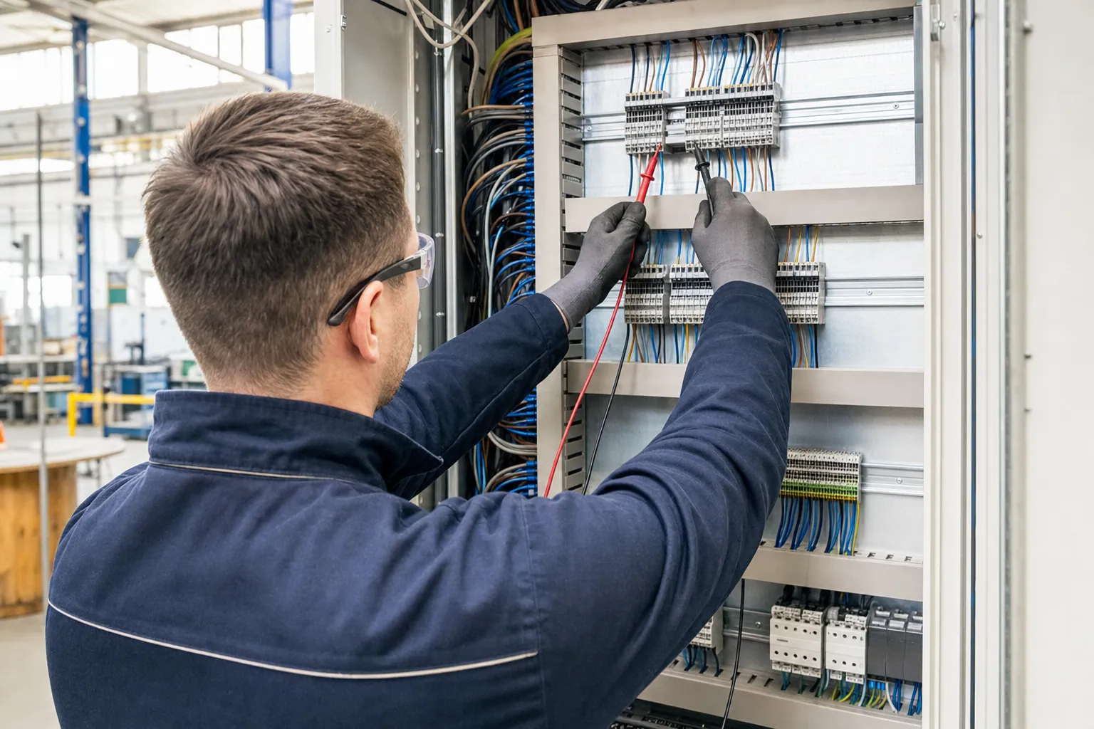 Elektroniker für Betriebstechnik bei einer Messung am Schaltschrank