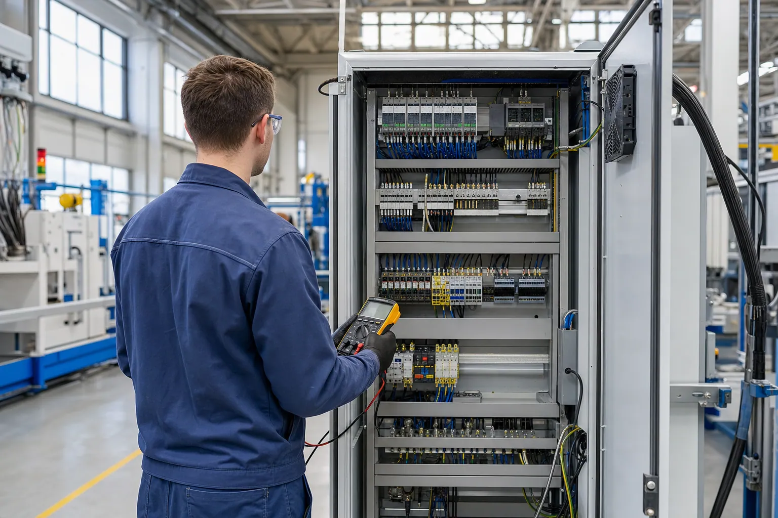 Elektroniker für Betriebstechnik bei der Prüfung eines offenen Schaltschranks in einer Industriehalle