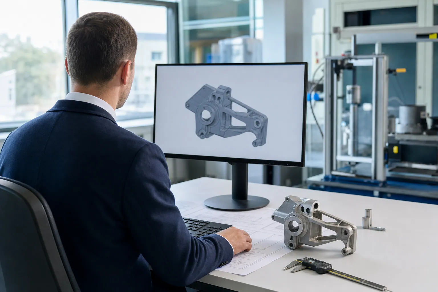 Entwicklungsingenieur von hinten am Produktentwicklungs-Arbeitsplatz mit CAD-Monitor und Prototypenteil