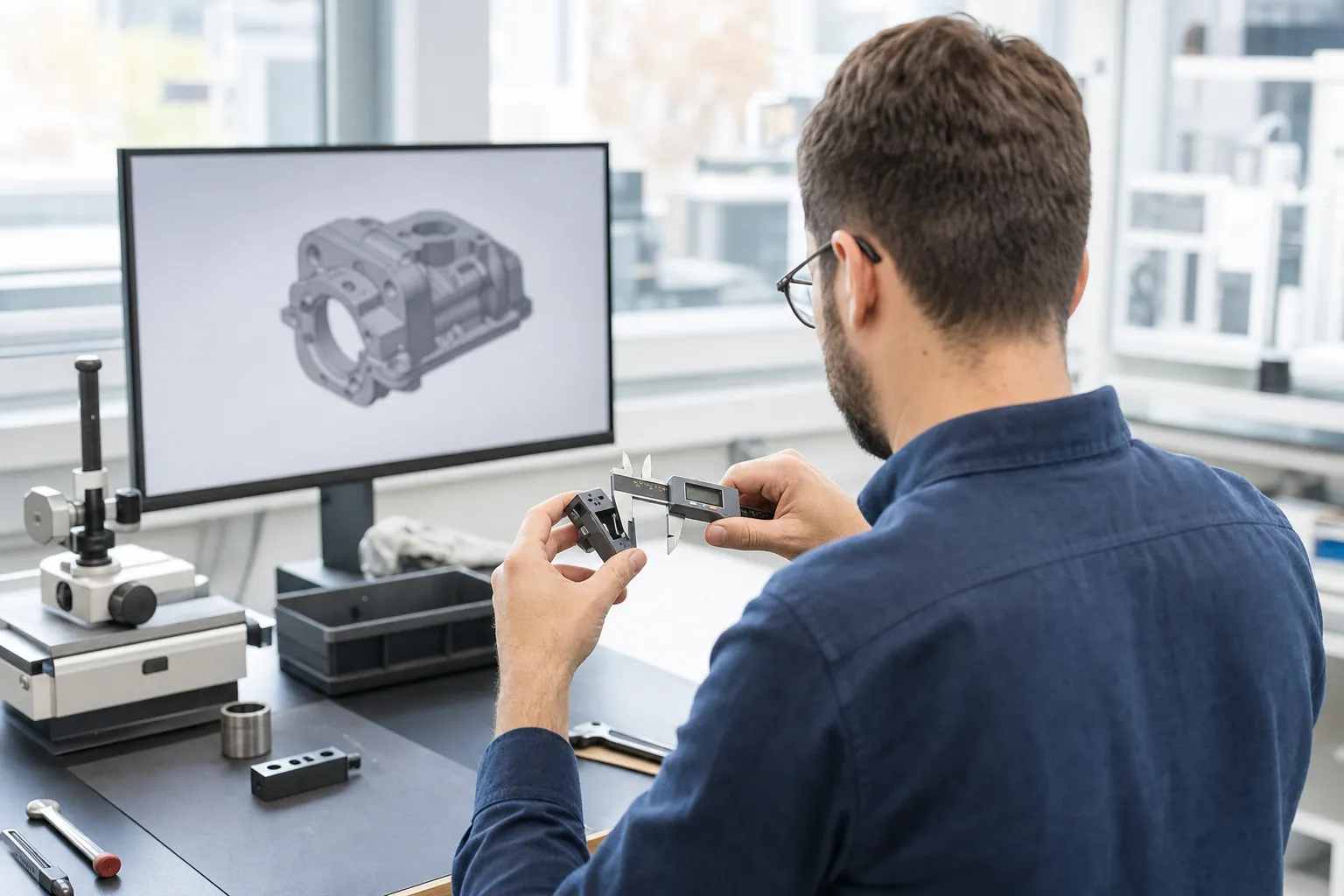 Entwicklungsingenieur prüft ein Prototypenteil am R&D-Platz