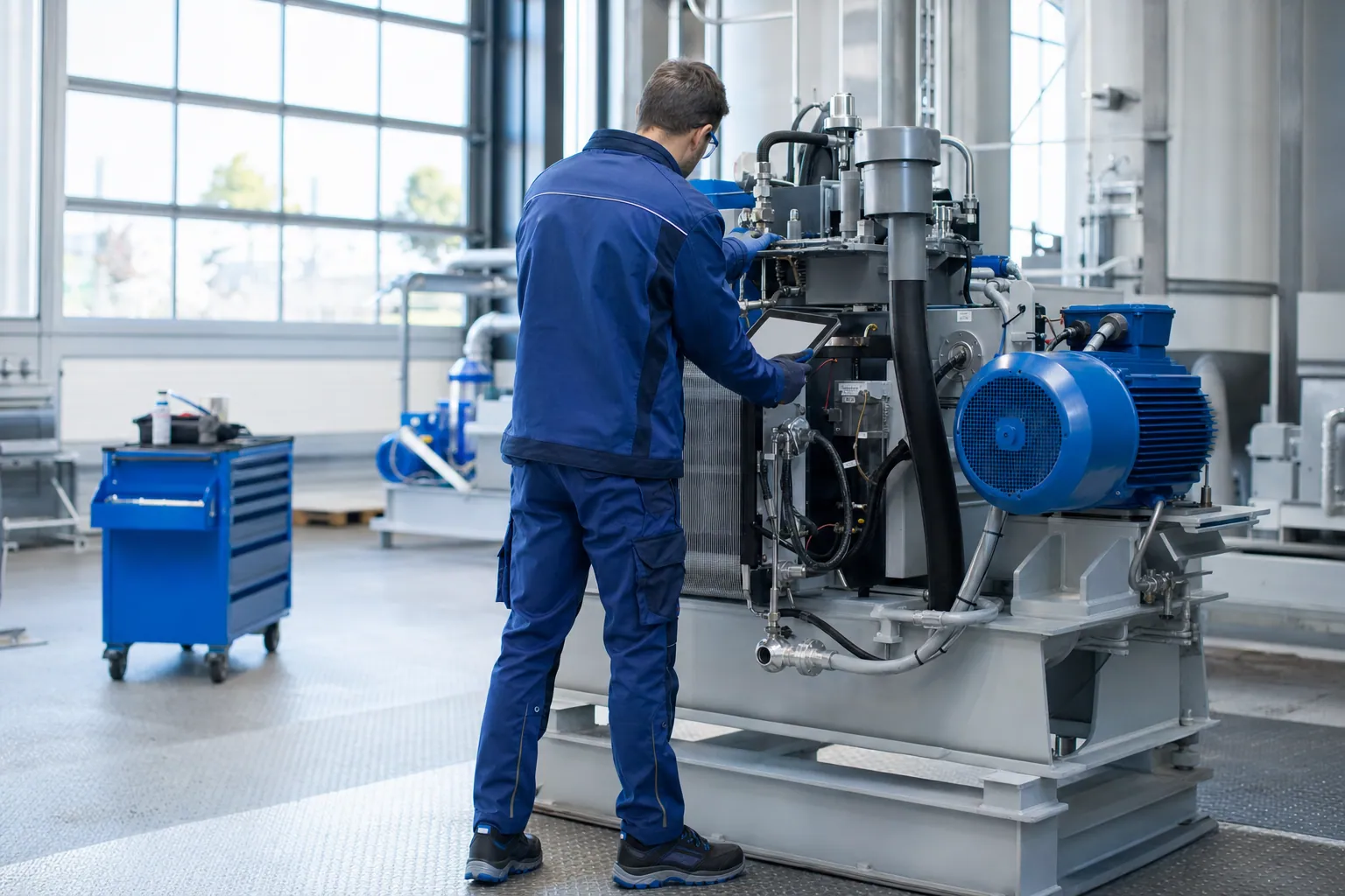 Instandhalter bei der Wartung einer Maschinenstation in einer Industriehalle