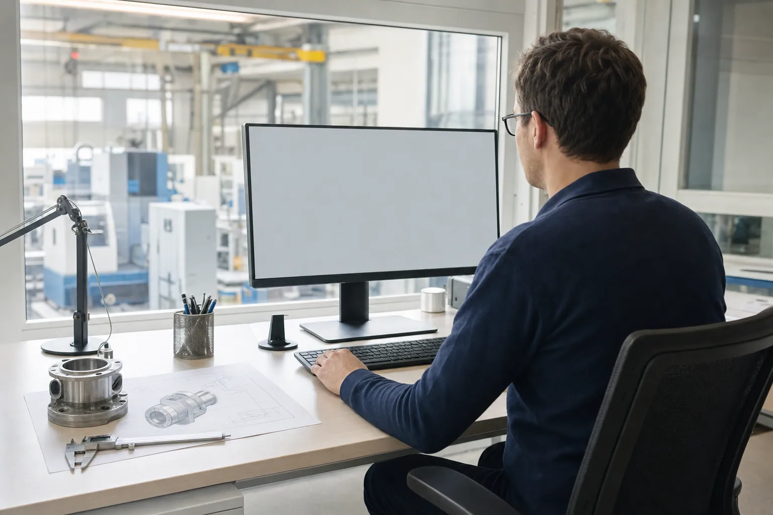 Konstruktionsarbeitsplatz mit CAD-Monitor, Zeichnung und Messschieber in einem hellen Industriebüro