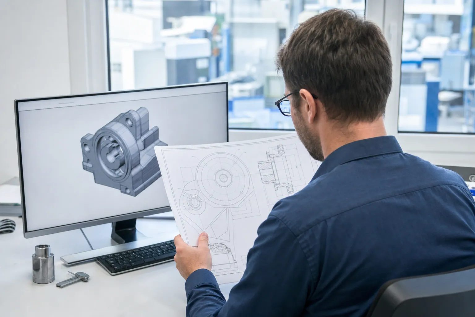 Konstrukteur prüft eine technische Zeichnung am CAD-Arbeitsplatz