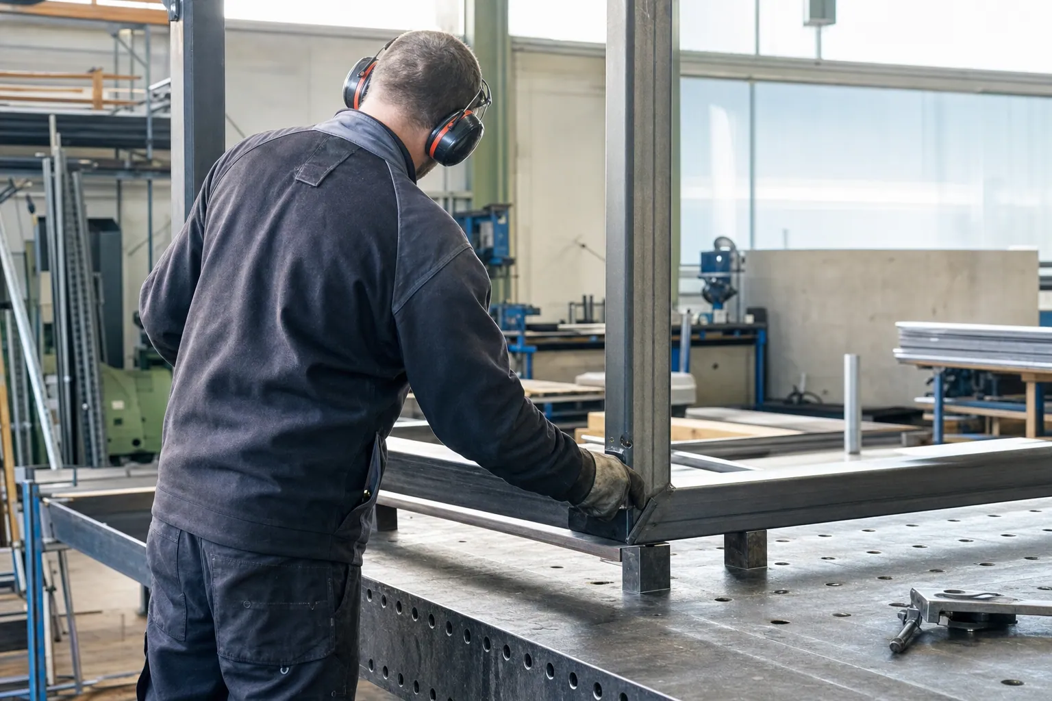 Konstruktionsmechaniker montiert eine Stahlkonstruktion