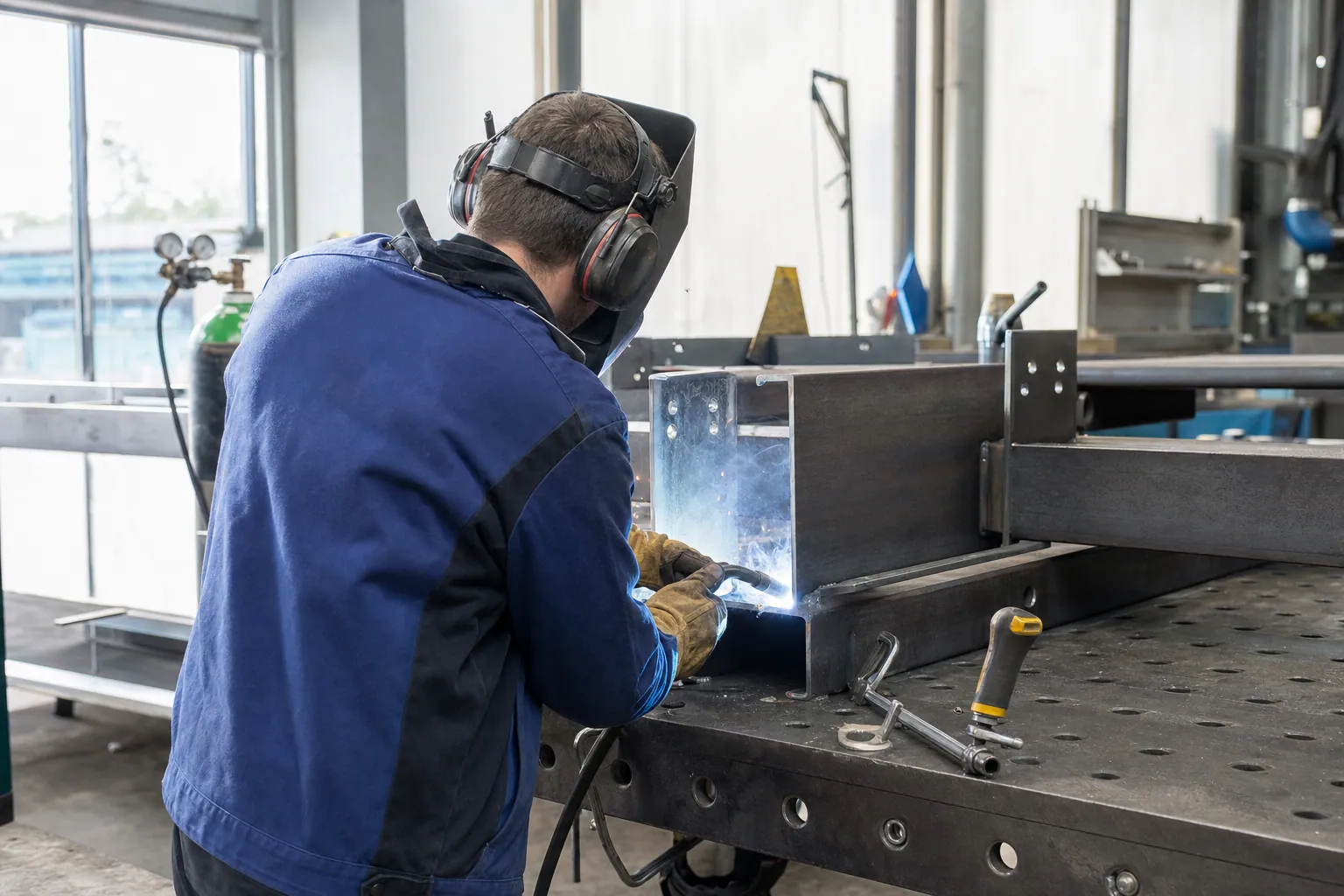 Konstruktionsmechaniker an einem Stahlbau-Arbeitsplatz in einer deutschen Metallwerkstatt