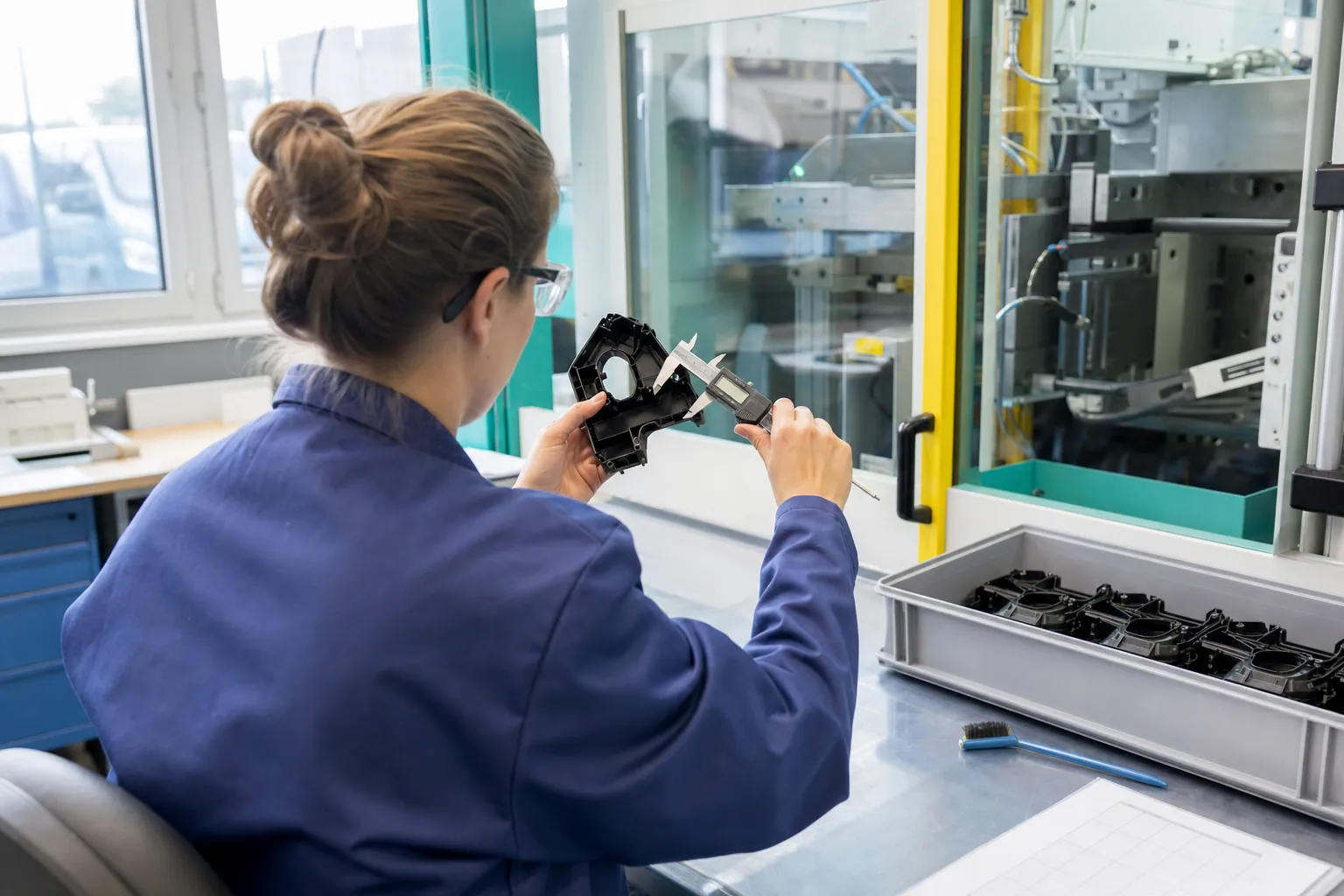 Kunststofftechnologe bei der Qualitätsprüfung eines Spritzgussteils in einer deutschen Fertigung