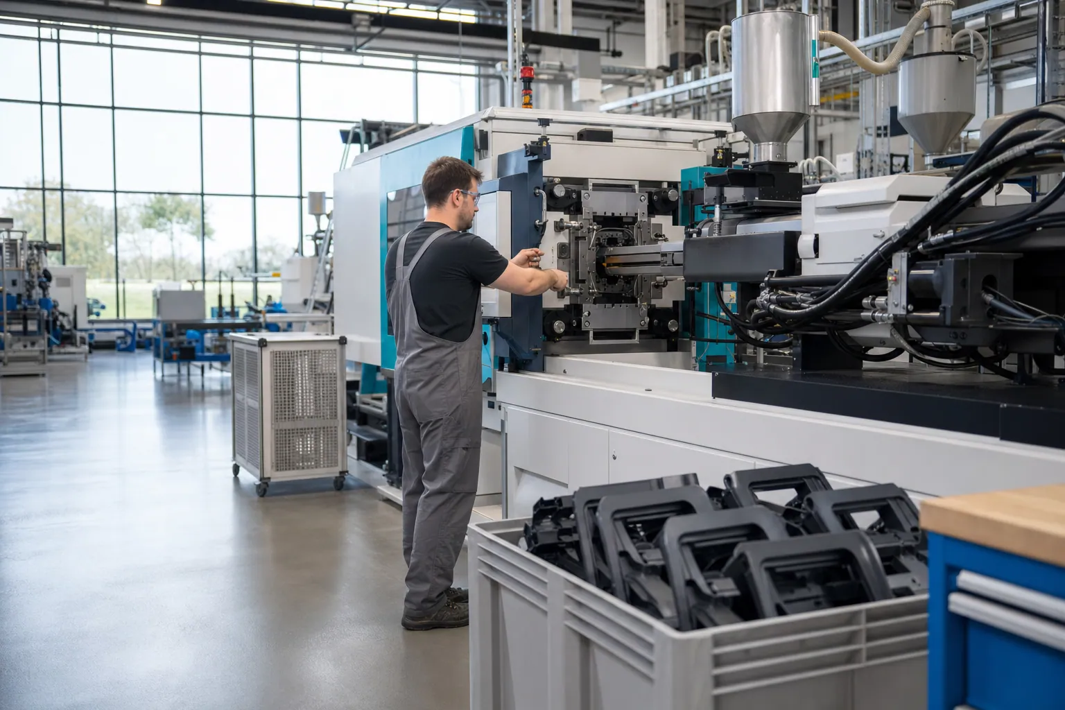 Kunststofftechnologe beim Einrichten einer Spritzgussmaschine in einer deutschen Fertigungshalle