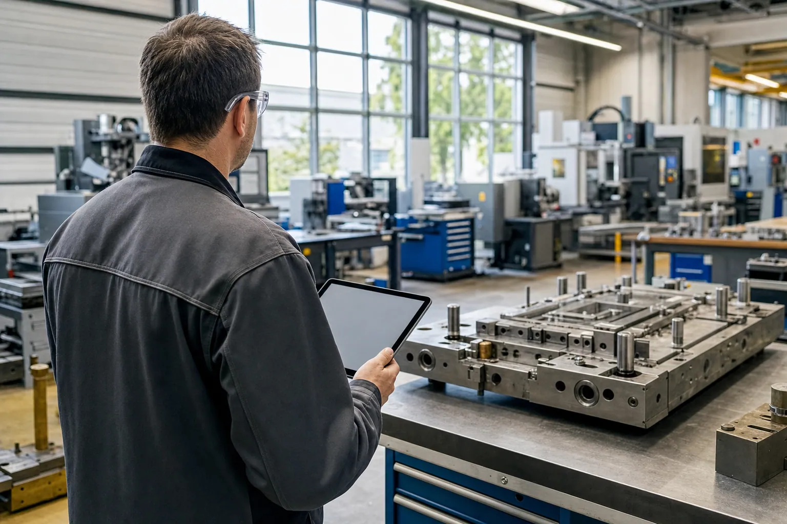 Leiter Werkzeugbau von hinten mit Tablet beim Überblick über eine helle Formenbau-Werkstatt