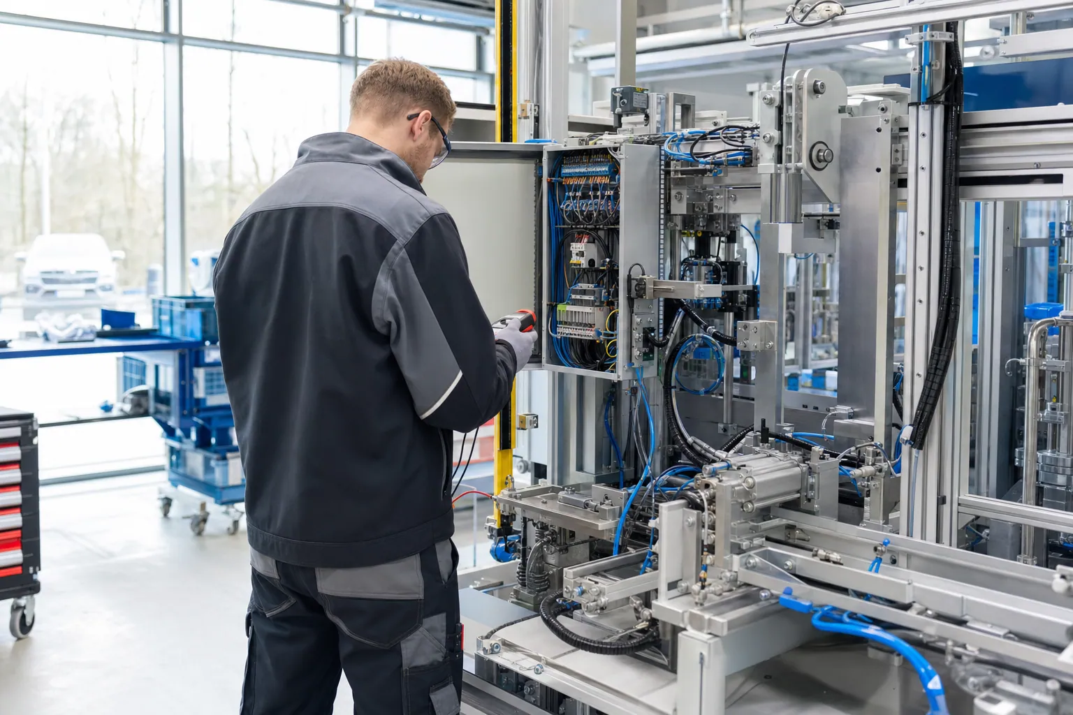 Mechatroniker an einer Maschinenstation mit mechanischer und elektrischer Schnittstelle in einer Industriehalle