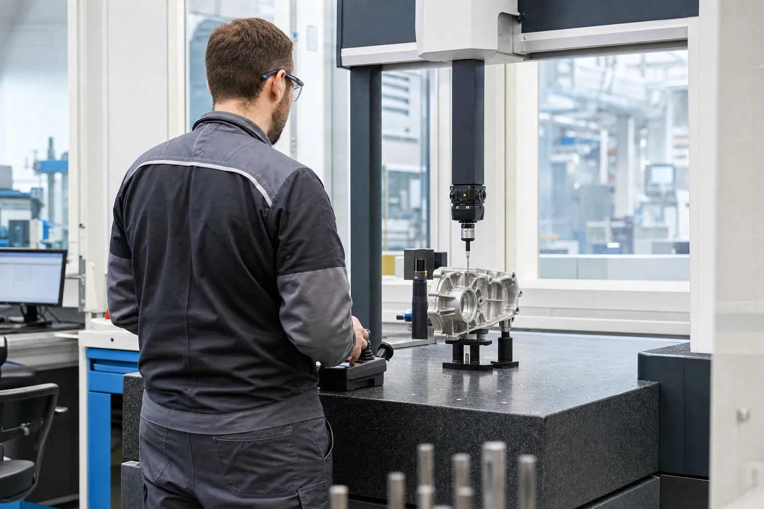 Messtechniker von hinten an einer Koordinatenmessmaschine im hellen Qualitätsmessraum der Industrie