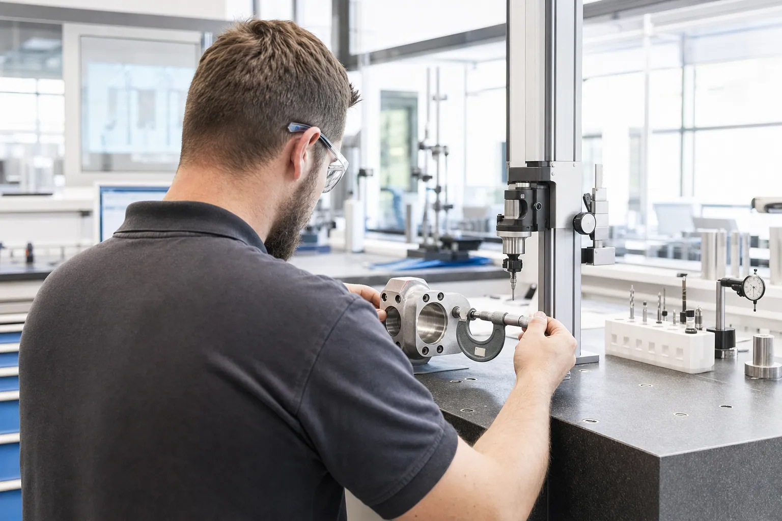 Messtechniker prüft ein Werkstück mit einer Lehre