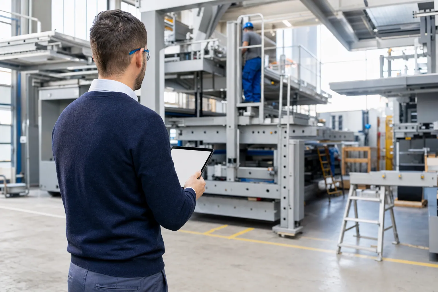 Projektingenieur von hinten mit Tablet bei der Projektabstimmung an einer Maschinenmontage in heller Industriehalle