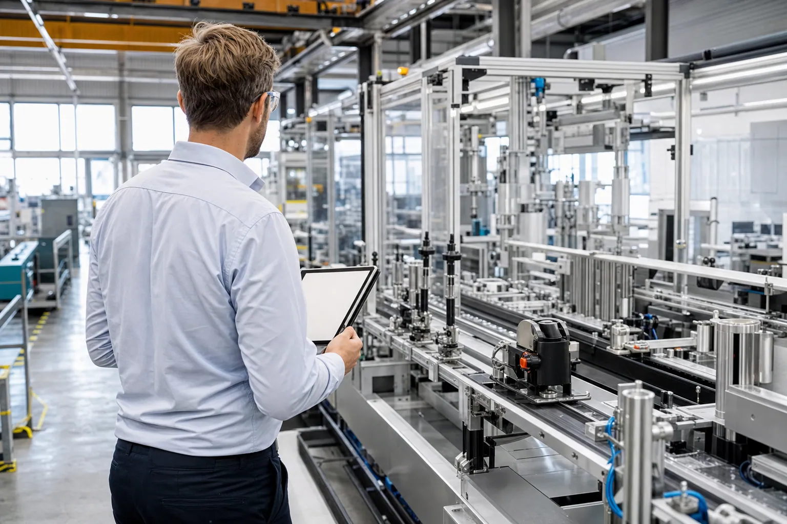 Prozessingenieur von hinten mit Tablet bei der Prozessbeobachtung an einer Fertigungslinie