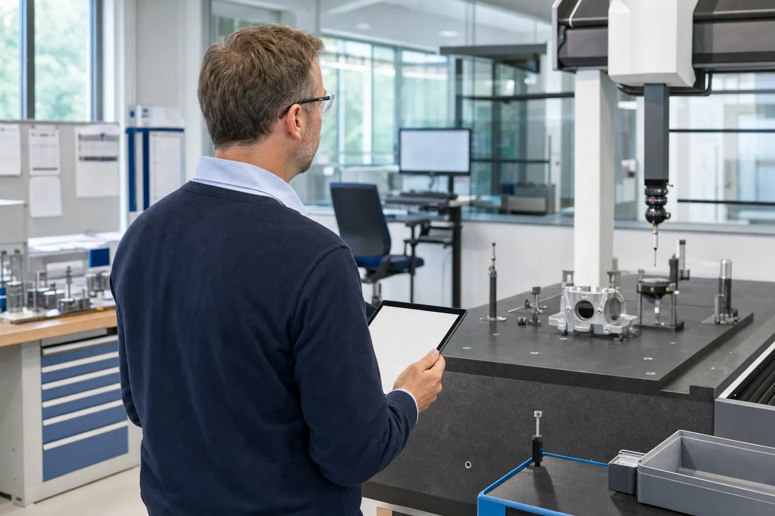 Qualitätsmanager am Messplatz neben einer Koordinatenmessmaschine in einem hellen Industrie-Qualitätslabor