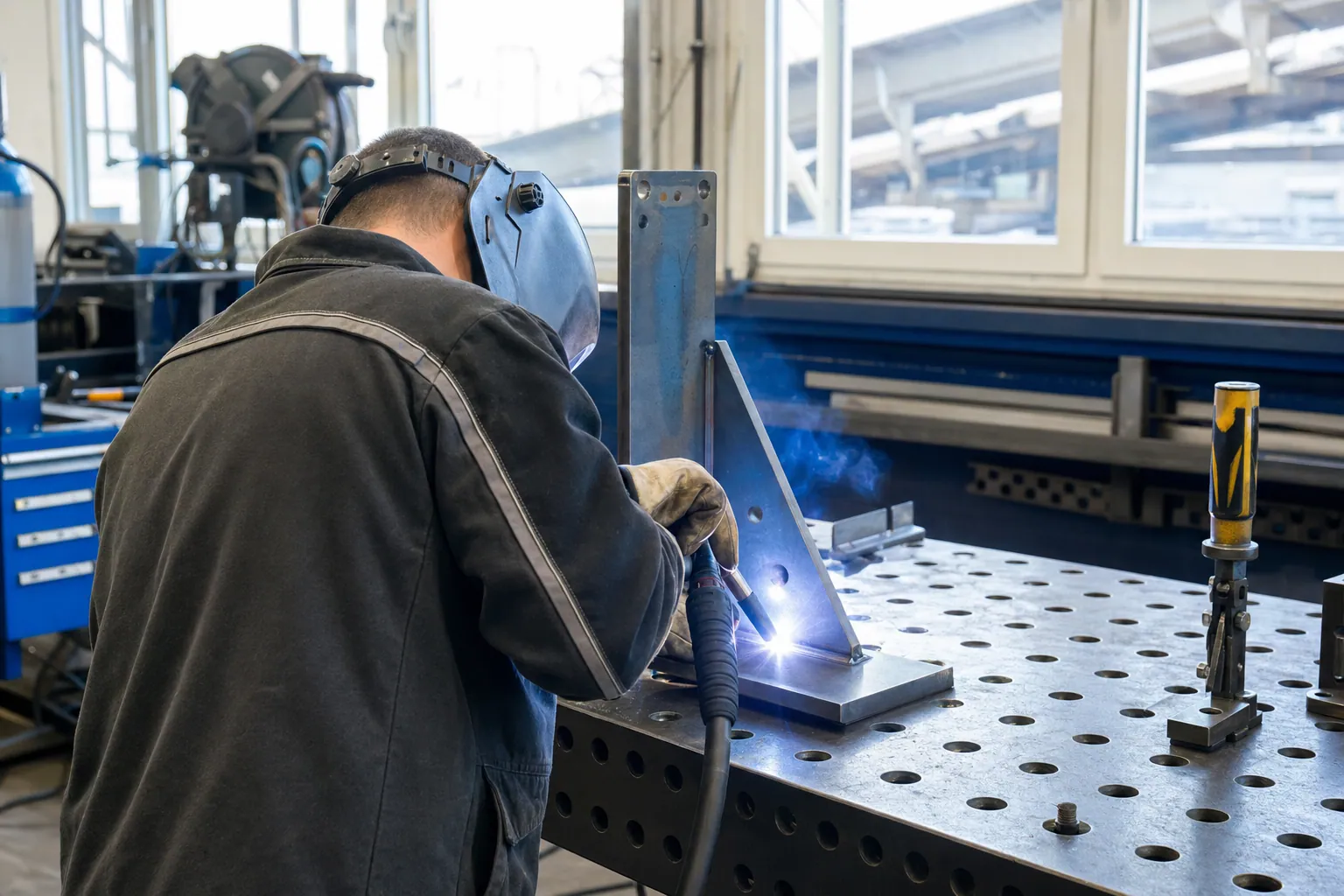 Schweißer an einem Schweißarbeitsplatz in einer deutschen Metallwerkstatt mit vollständigem Schweißschutz