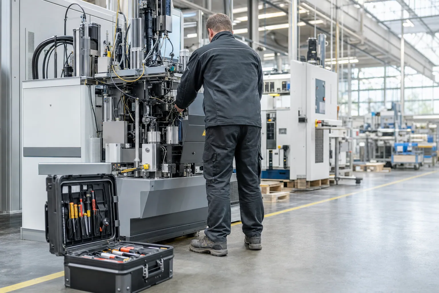 Servicetechniker bei der Anlagenprüfung in einer deutschen Produktionshalle