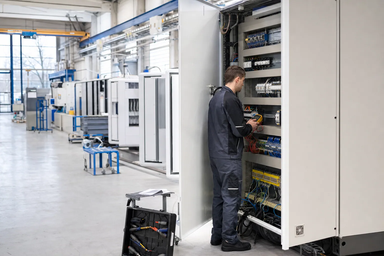 Servicetechniker bei der Störungssuche an einem geöffneten Schaltschrank in einer Industriehalle