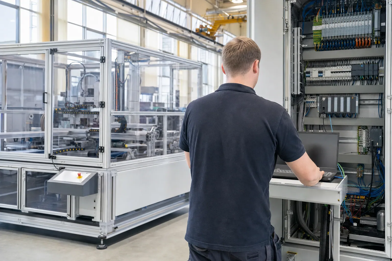 SPS-Programmierer bei der Inbetriebnahme einer Maschinensteuerung