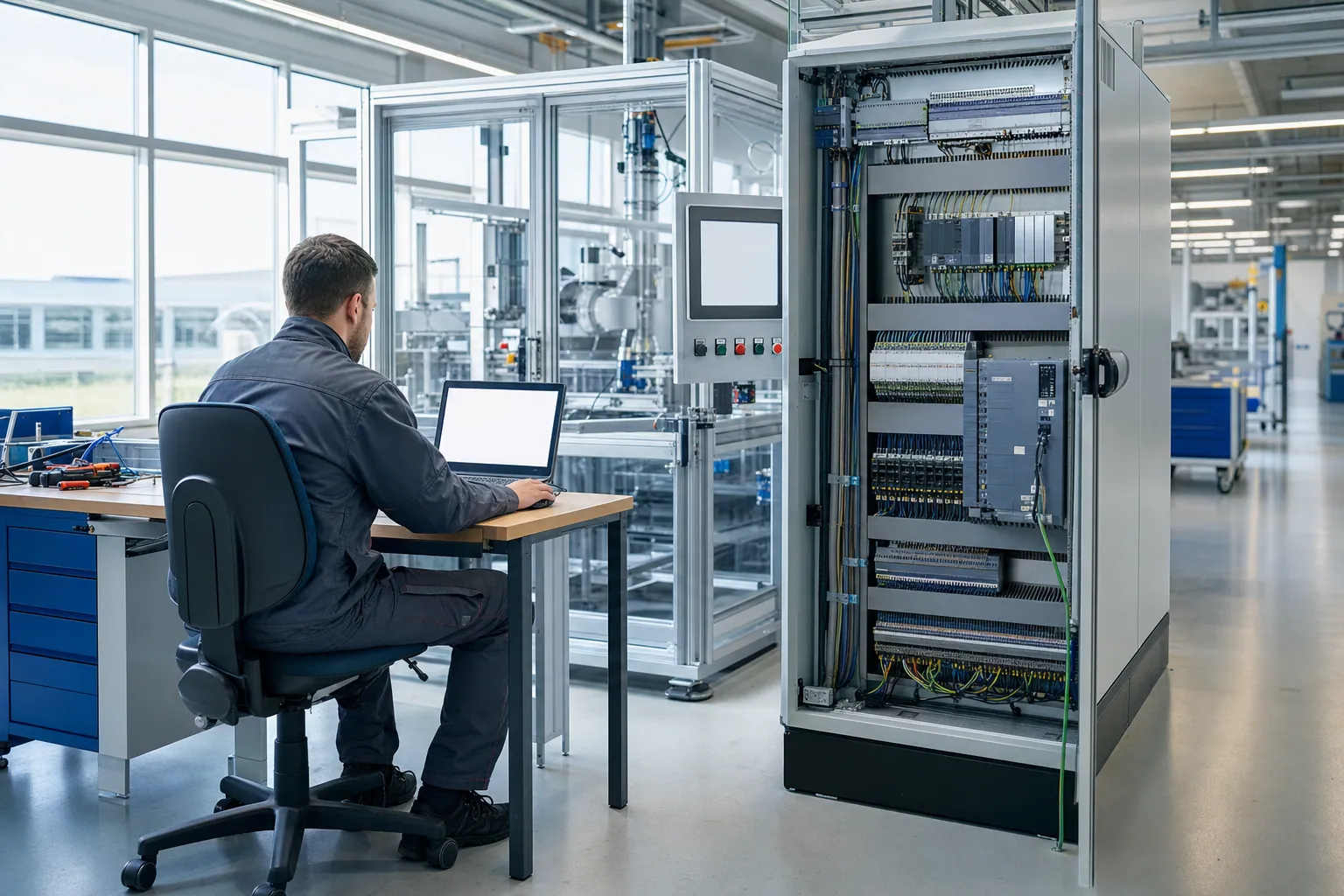 SPS-Programmierer bei der Inbetriebnahme an Schaltschrank und Steuerungsplatz in einer Industriehalle