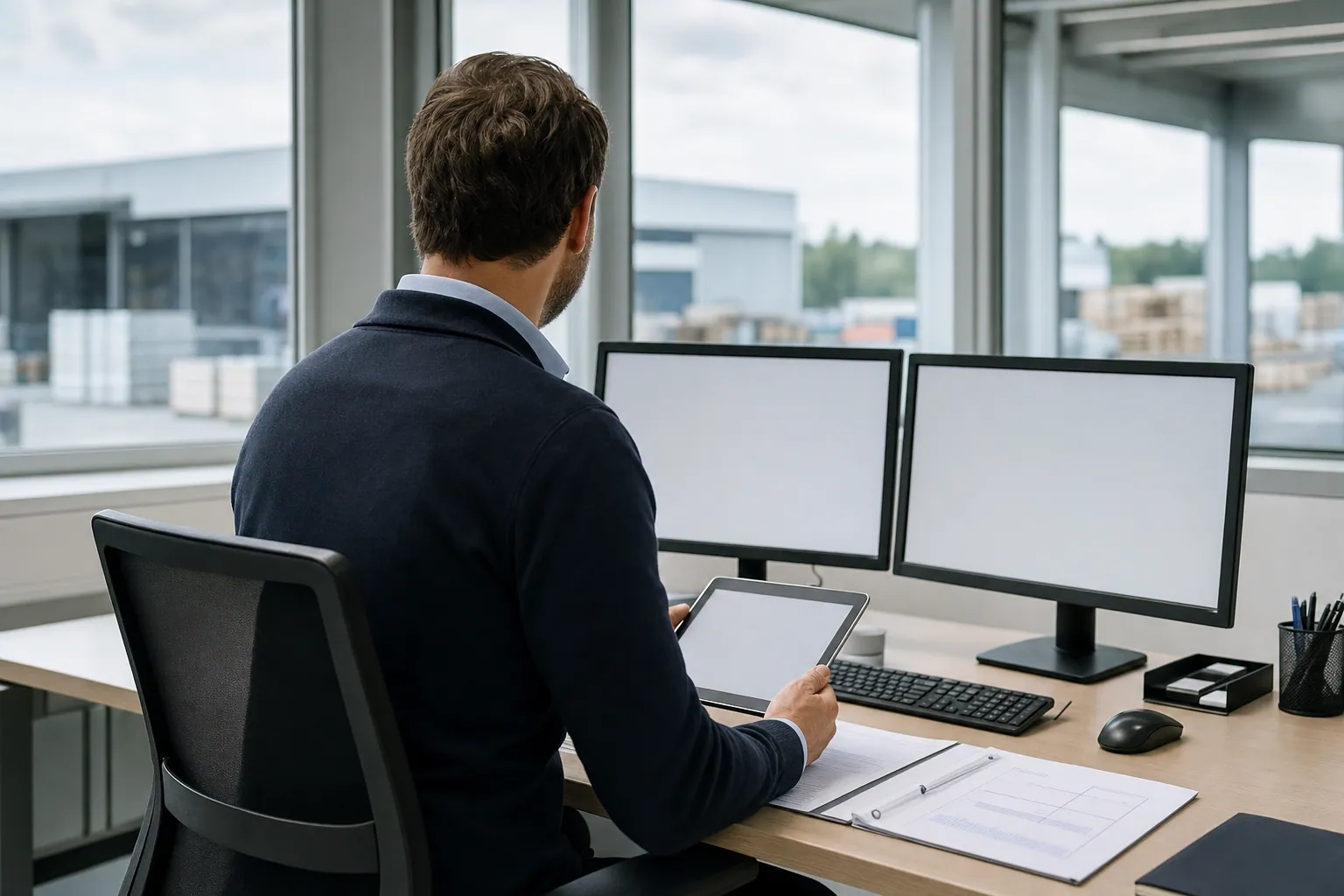 Supply Chain Manager von hinten am Leitstand-Arbeitsplatz mit Tablet, unscharfes Lager im Hintergrund