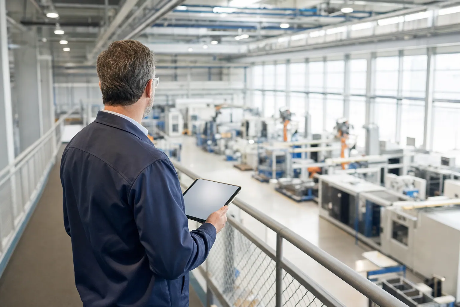 Werksleiter von hinten mit Tablet beim Überblick über eine helle Produktionshalle