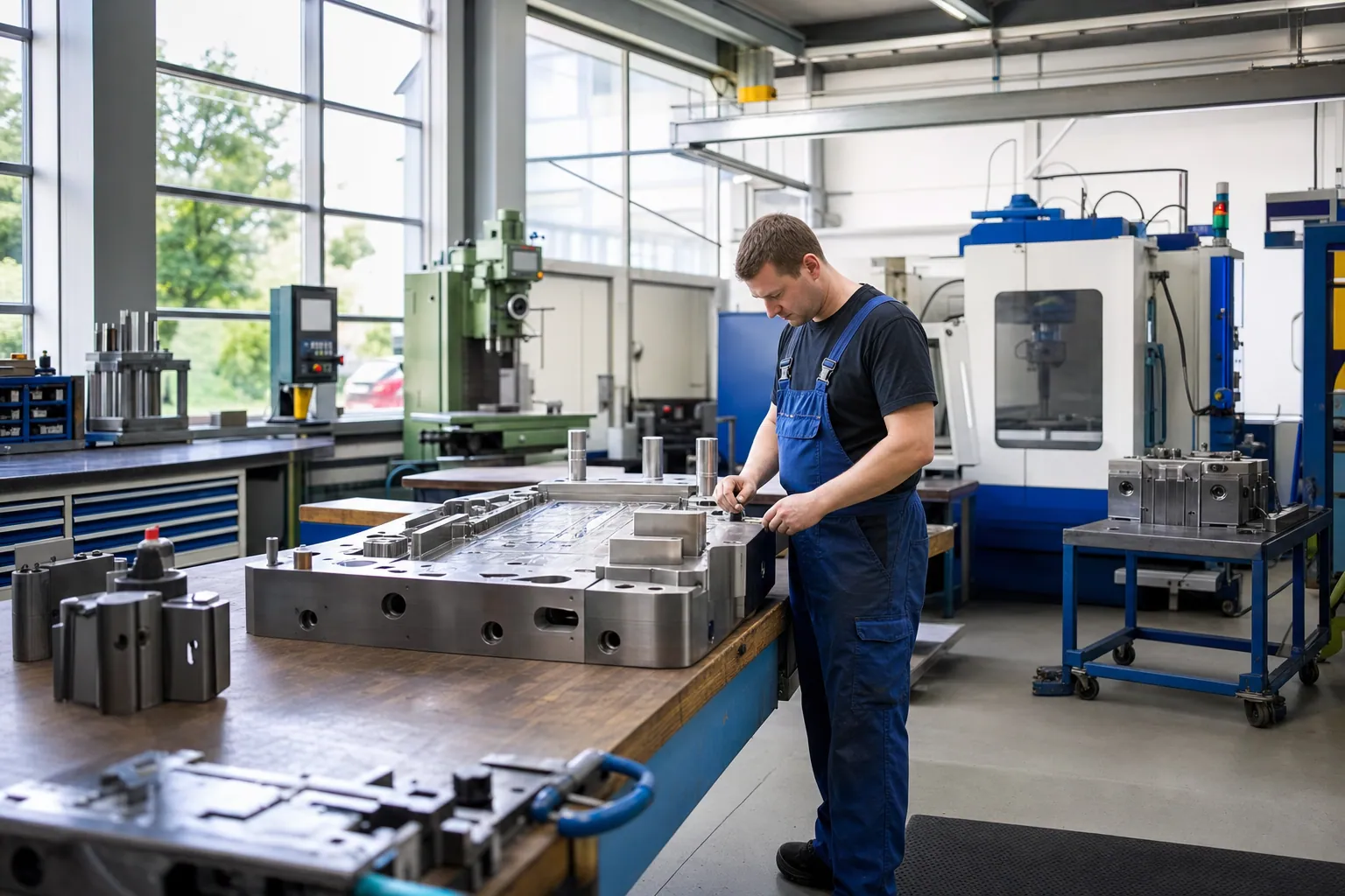 Werkzeugmacher bei der Prüfung einer Spritzgussform im Formenbau einer Industriehalle