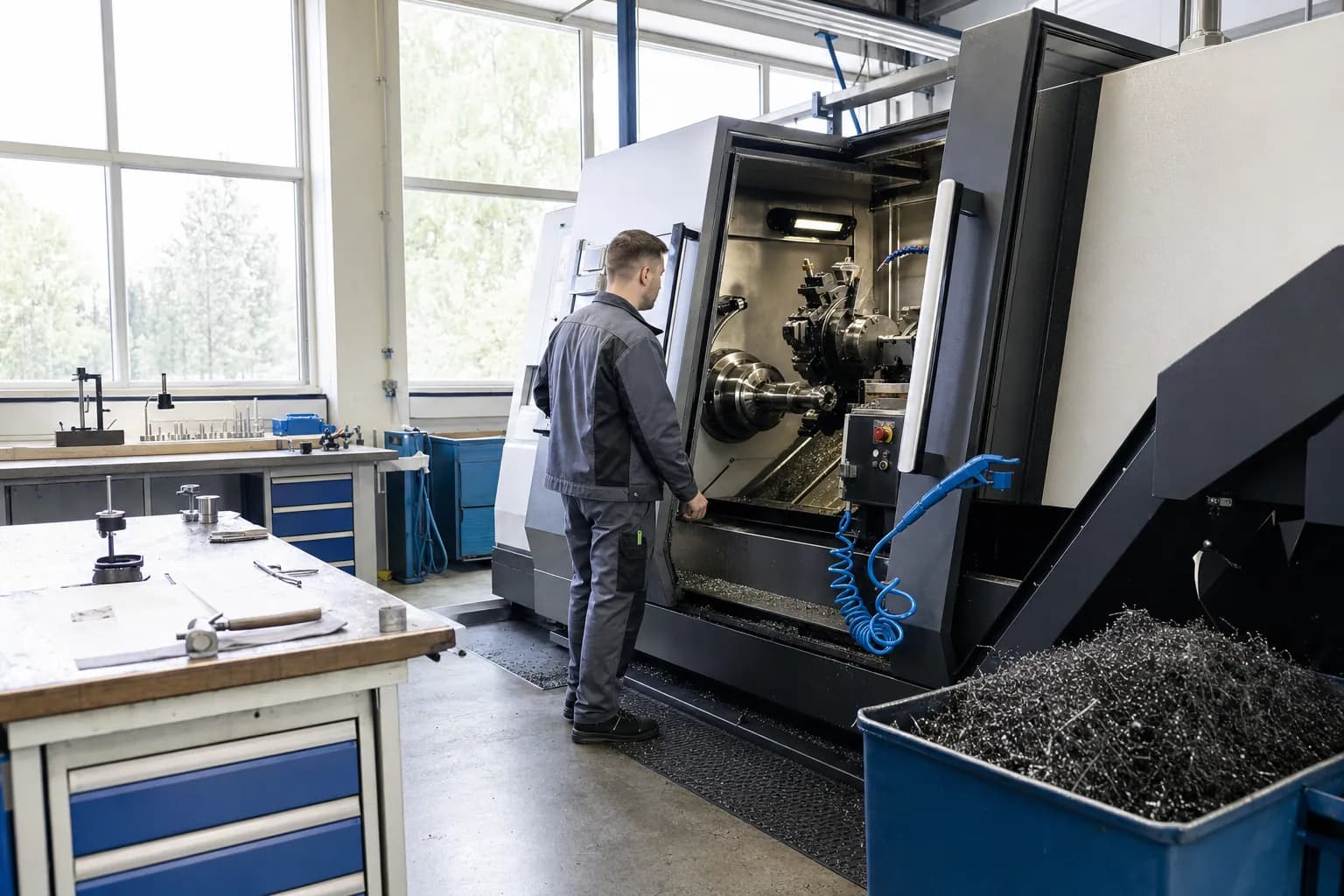 Zerspanungsmechaniker an einer CNC-Drehmaschine in einer deutschen Metallwerkstatt