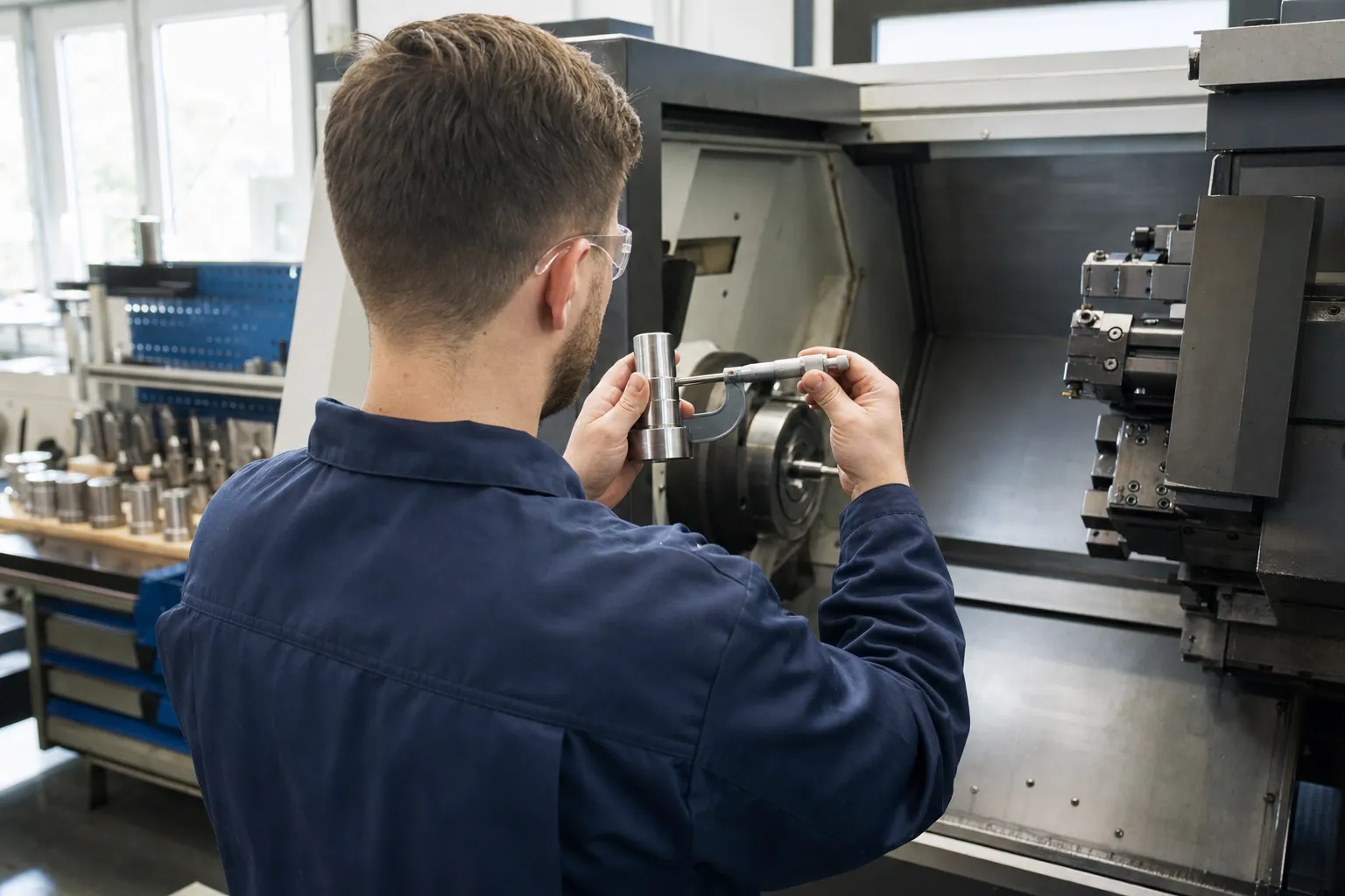 Zerspanungsmechaniker misst ein CNC-Werkstück