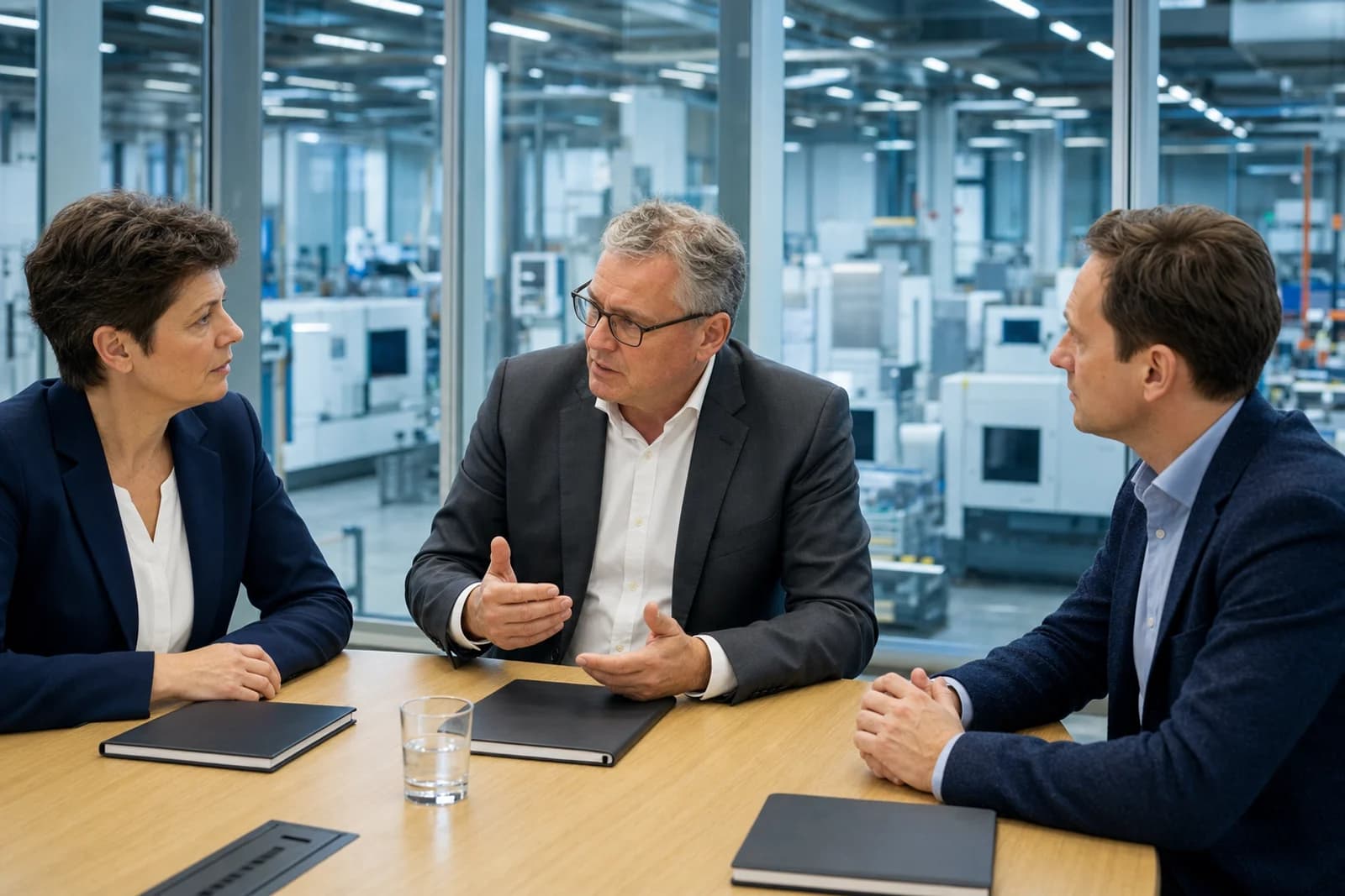 Gesprächssituation in einem Industrieunternehmen, in der Gesellschafter eine Führungsbesetzung vorbereiten