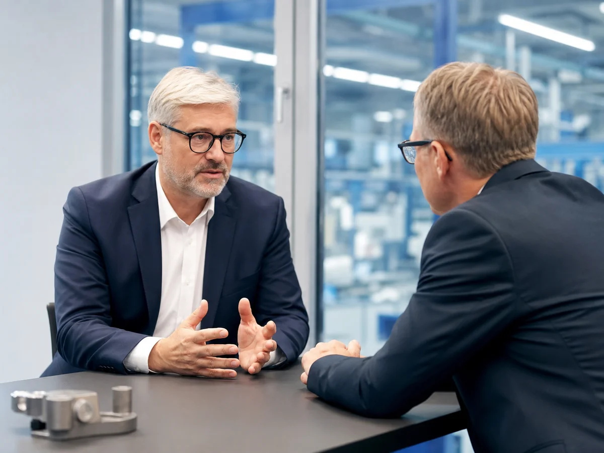 Two senior managers discussing a technical part in a German industrial plant.