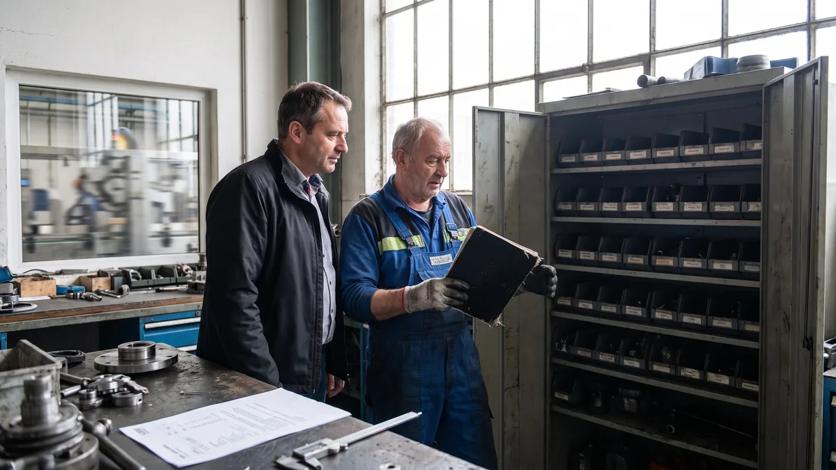 Werksleiter und Instandhaltungsleiter stehen am Stahlschrank der Werkstatt zwischen handgeschriebenem Notizbuch und ausgedrucktem Anforderungsprofil