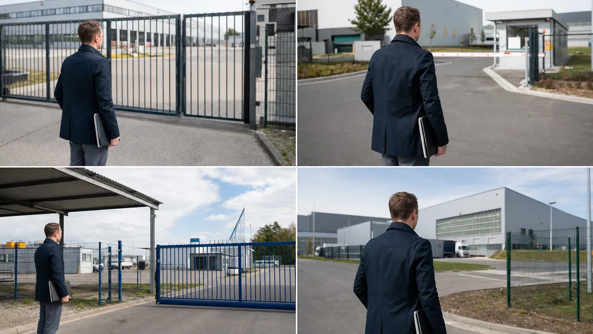 Bewerber besucht mehrere Werke in einem Industriegebiet