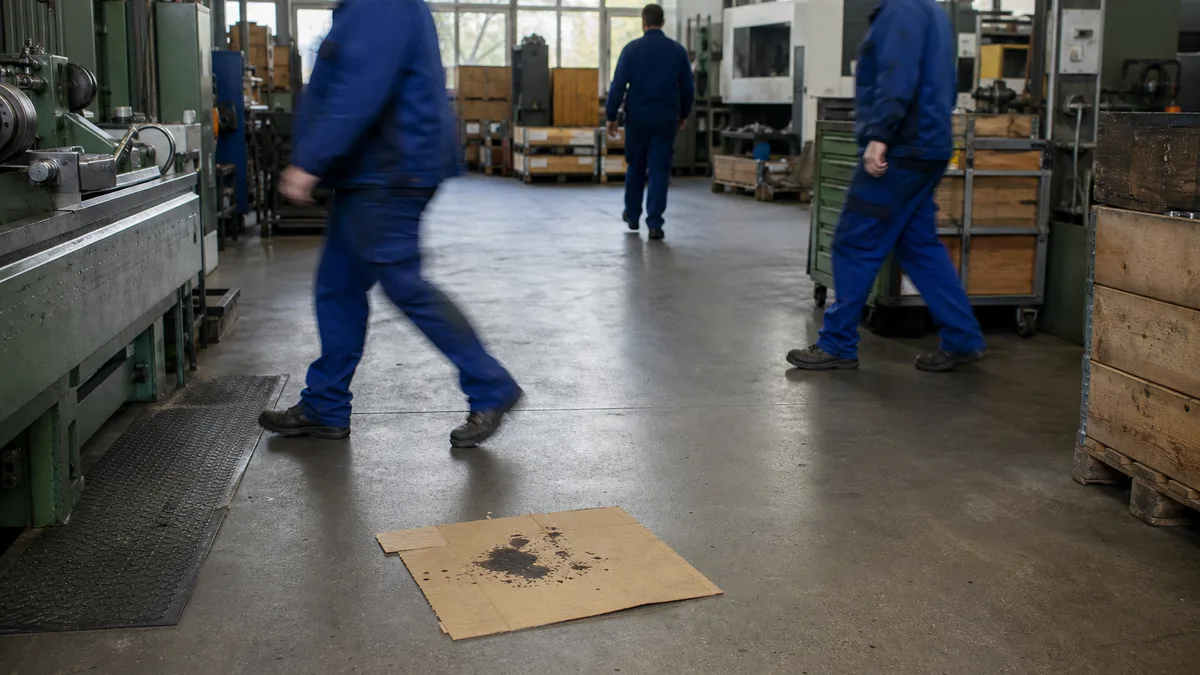 Ölfleck auf Werkhallenboden mit Pappe, den alle ignorieren