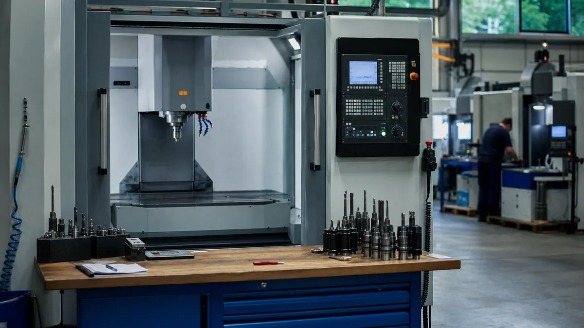 Leere CNC-Station neben laufenden Anlagen in der Produktionshalle
