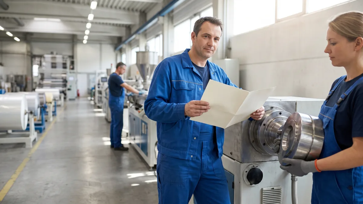 Meister und Einrichterin stehen am Extruder, der Meister mit einem gefalteten Ausdruck, die Einrichterin mit dem Werkzeug