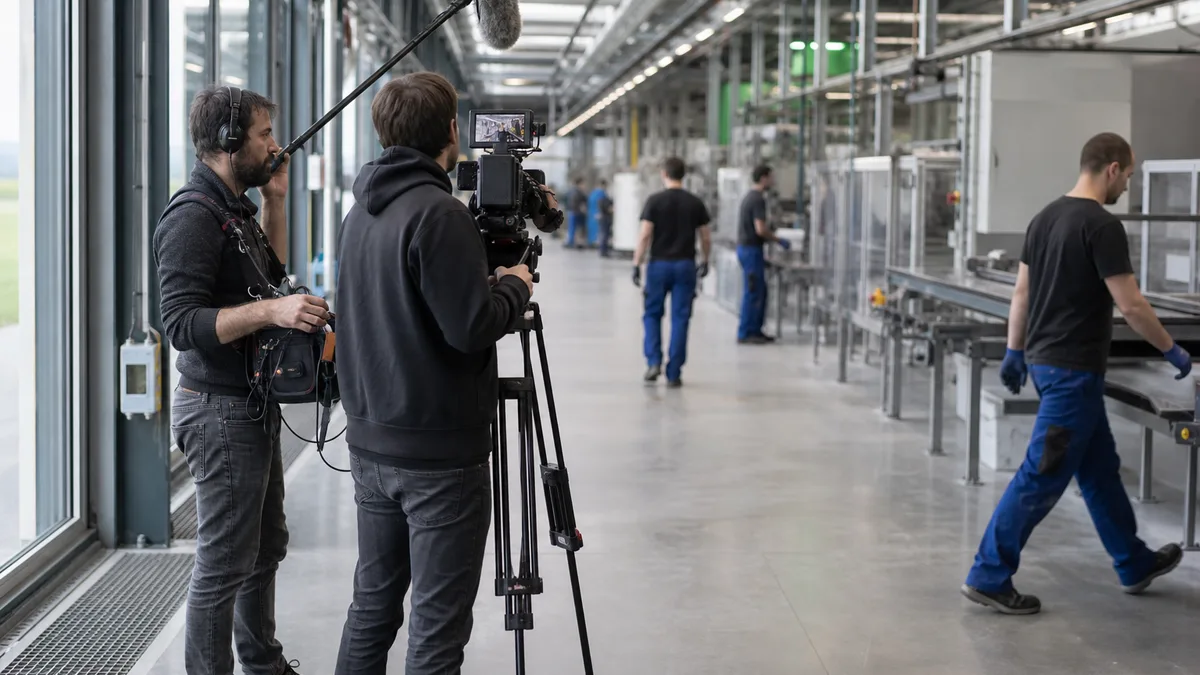 Imagefilm-Team im Werkflur während die Produktion im Hintergrund läuft