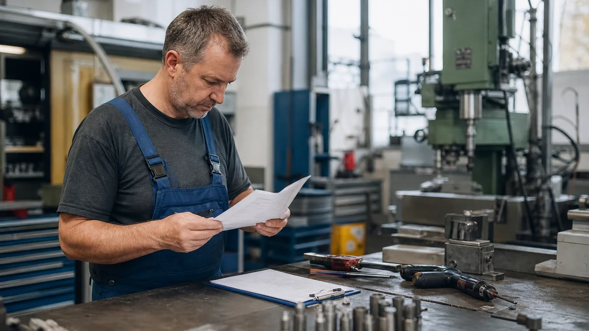 Werksleiter und HR prüfen Gehaltsbandbreite neben CNC-Anlage