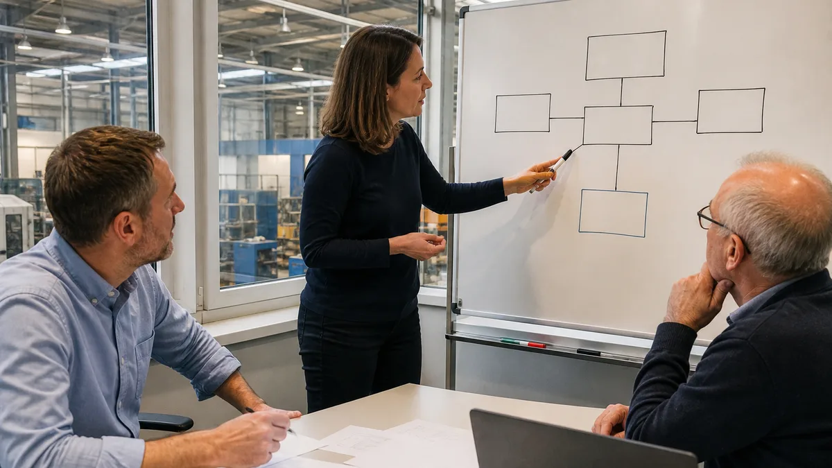 Besprechung im Werksbüro vor einer offenen Stelle im Organigramm, Blick in die Produktionshalle