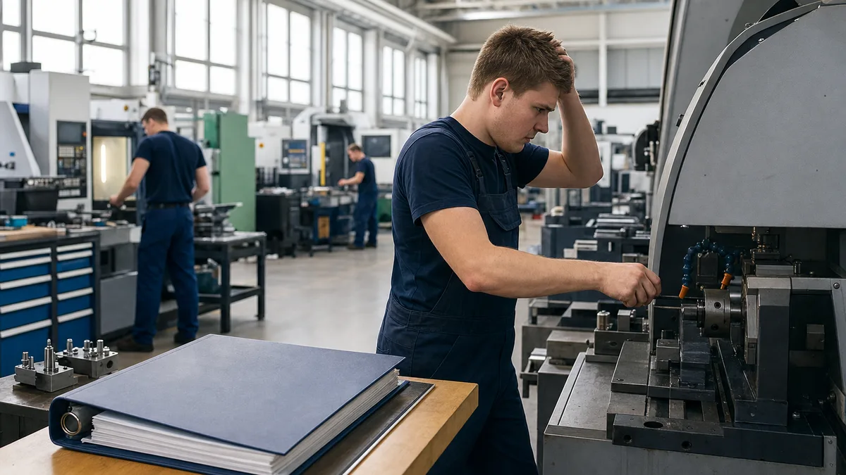 Neuer Produktionsmitarbeiter an der Maschine, Onboarding-Unterlagen unbenutzt