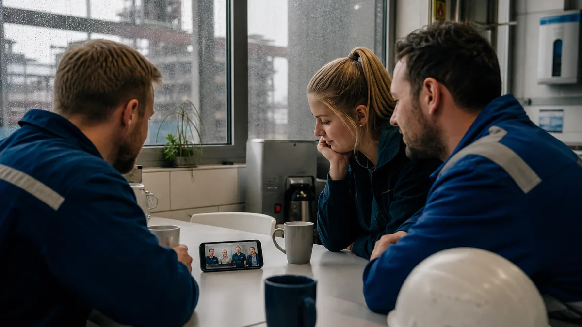 Schichtarbeiter in der Pause lesen Homeoffice-Newsletter bei Regenwetter
