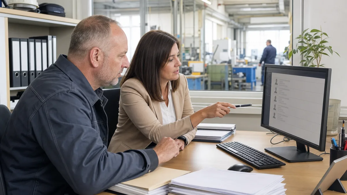 Personalreferentin und Werksleiter prüfen Bewerbungsliste am Monitor im Werk